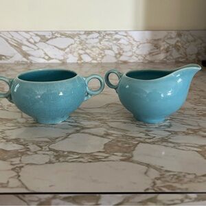 Vintage Blue Ceramic Creamer and Sugar Set